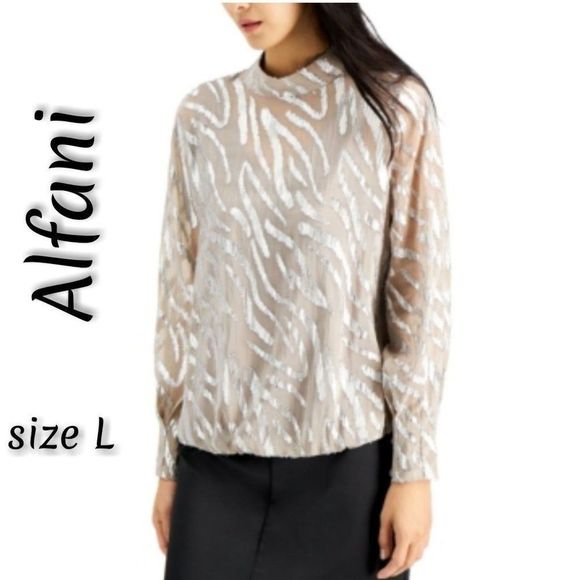 ALFANI MOCK NECK ABSTRACT JACQUARD BUBBLE TOP - Picture 1 of 9